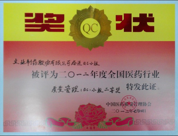 热烈祝贺南京立业公司获得全国医药行业质量管理（QC）小组二等奖(图1)